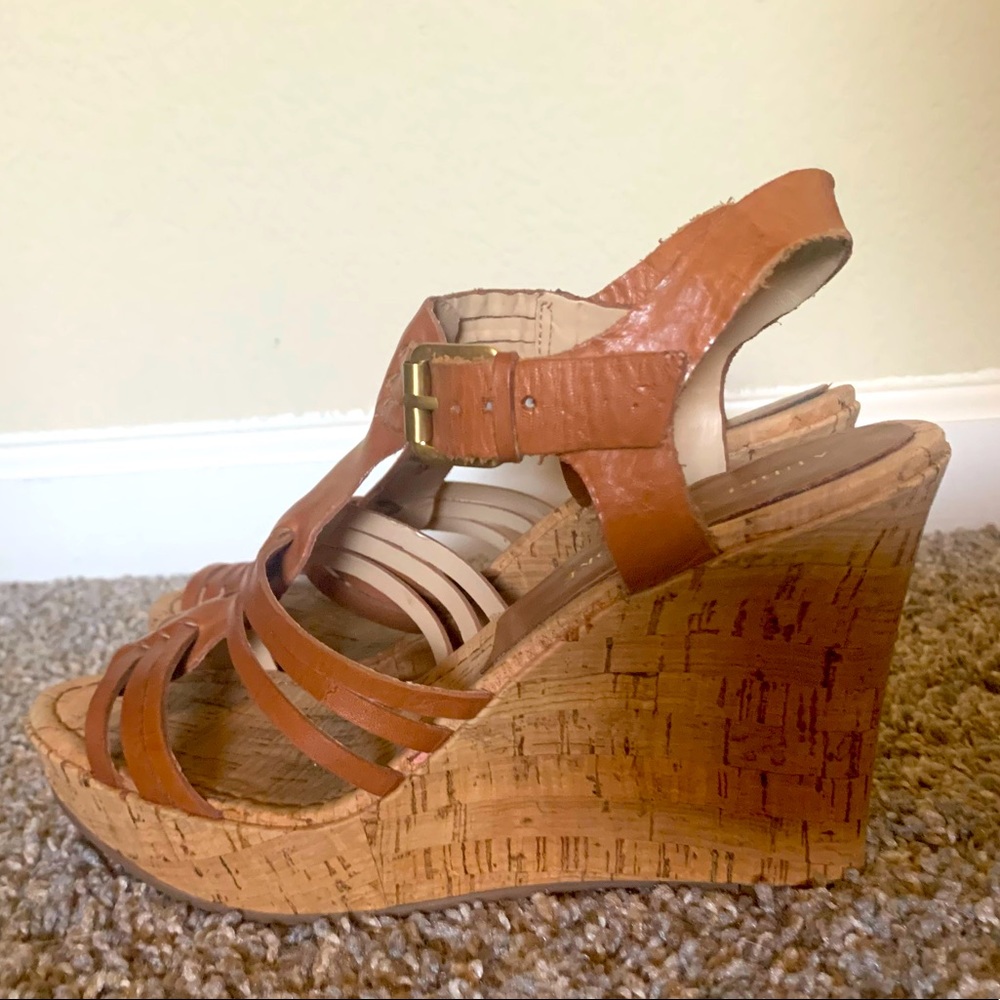 Camel Leather Cork Wedges